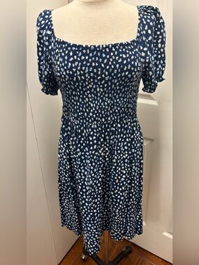 Roxy Smocked Navy Blue Dot Square Neck Dress